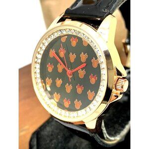 Disney Minnie Mouse Womens Watch MN1618 Quartz Crystals Black Leather St…